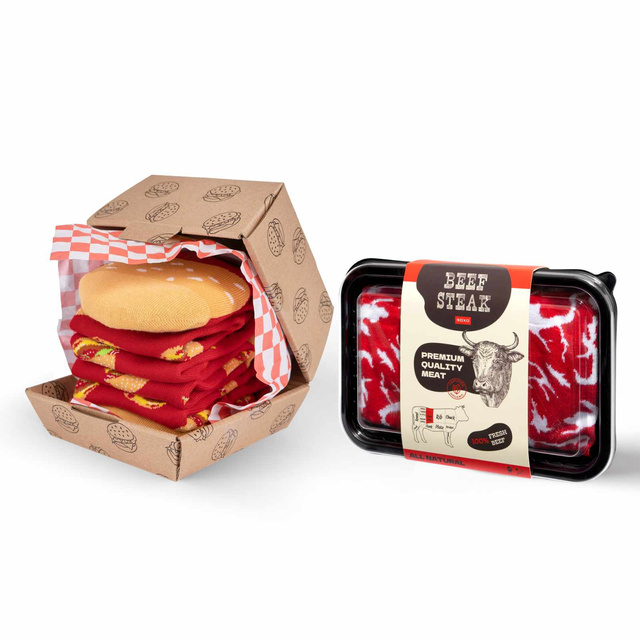 Set di calzini a forma di bistecca e calzini a forma di hamburger in una scatola