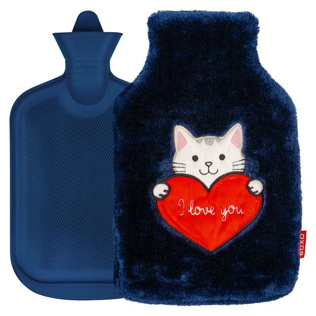 Borsa dell'acqua calda SOXO gattino con cuore, blu navy, 1,8 L