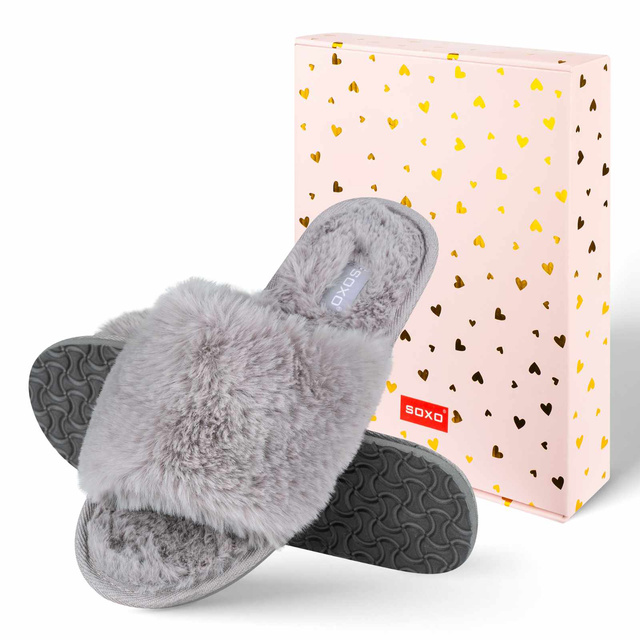 Pantofole SOXO da donna in pelliccia grigia con suola rigida in TPR in confezione regalo