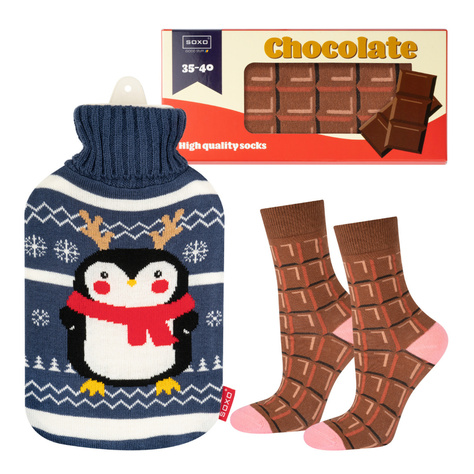 Set di calzini da donna SOXO barretta di cioccolato e borsa dell'acqua calda natalizia pinguino | regalo di Natale