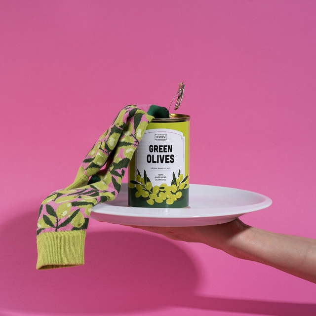 Divertenti calzini olive in scatola SOXO BUONO STUFF per un regalo