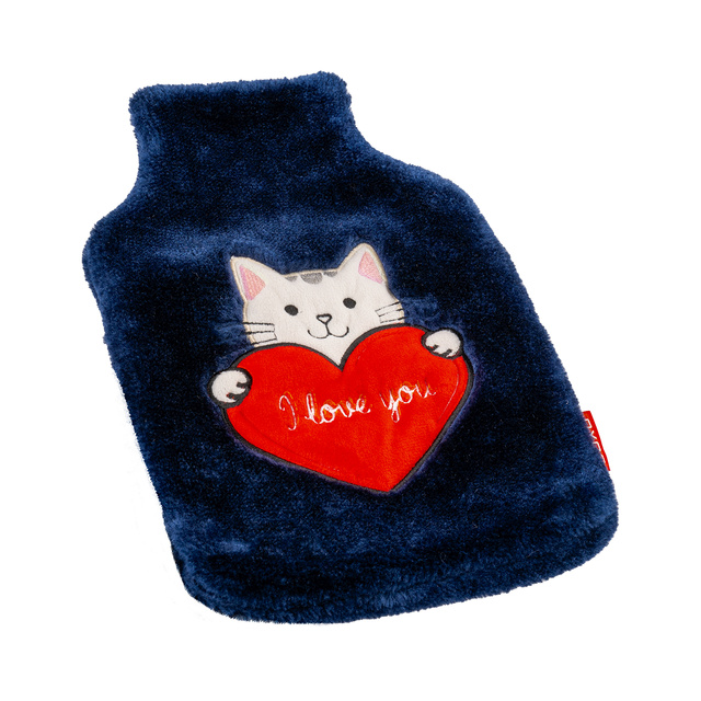 Borsa dell'acqua calda SOXO gattino con cuore, blu navy, 1,8 L