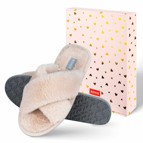 SOXO morbide pantofole da donna beige in confezione regalo con adesivi