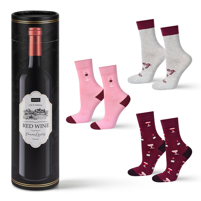 Set di 3x calze SOXO da donna divertenti al vino rosso in un tubo regalo