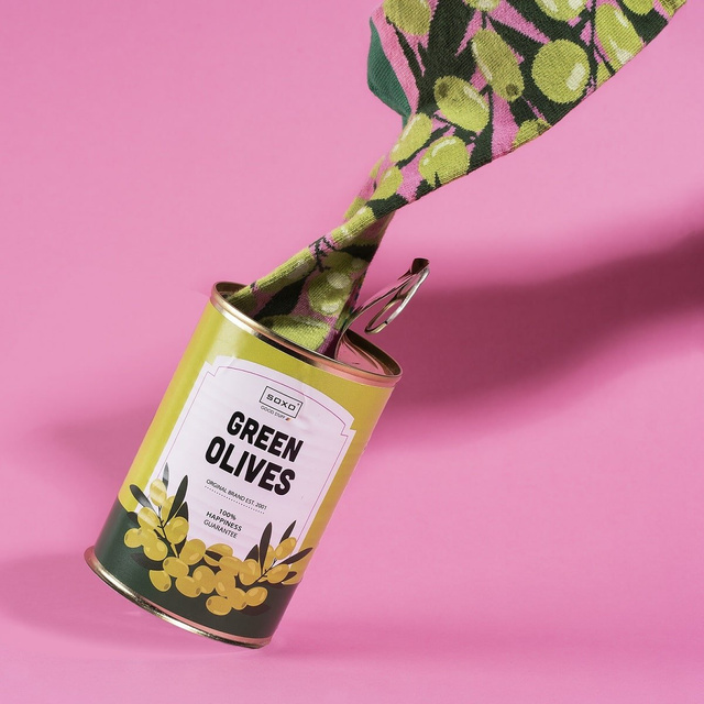 Divertenti calzini olive in scatola SOXO BUONO STUFF per un regalo