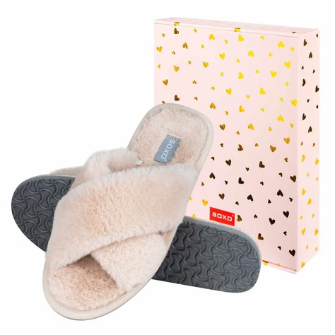 SOXO morbide pantofole da donna beige in confezione regalo con adesivi