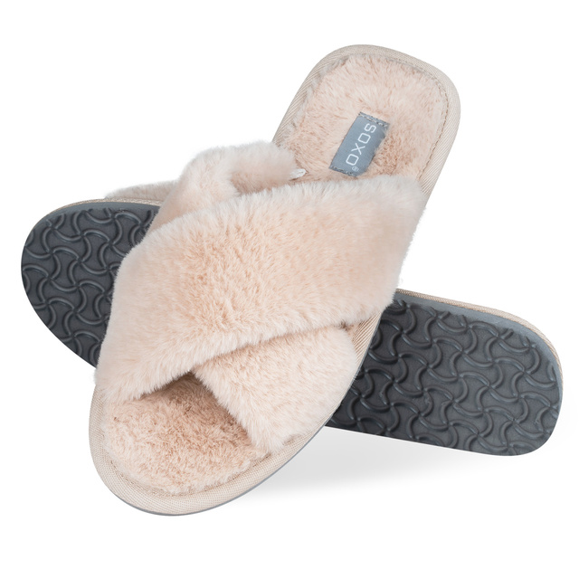SOXO ciabatte da donna color pelliccia beige con suola rigida in TPR
