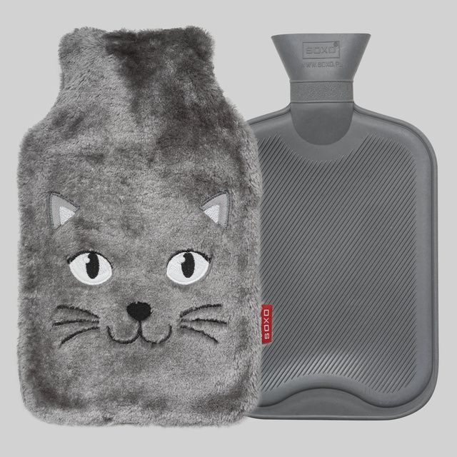 Borsa dell'acqua calda GRANDE riscaldatore SOXO grigio da 1,8 litri in un REGALO di peluche con rivestimento in pelliccia