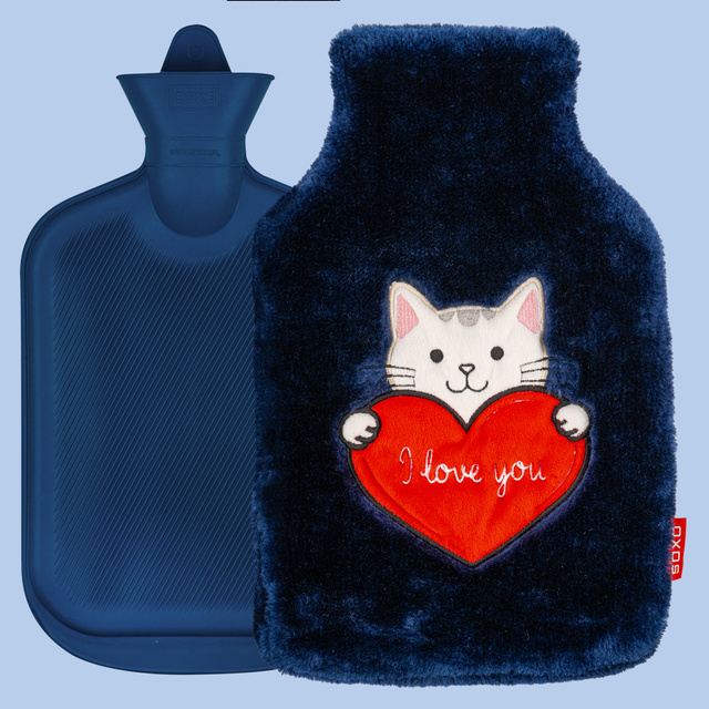 Borsa dell'acqua calda SOXO gattino con cuore, blu navy, 1,8 L