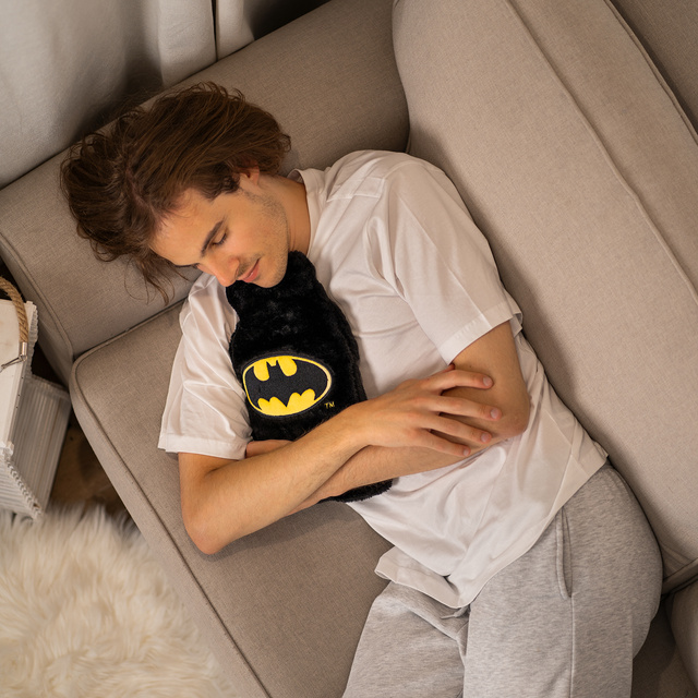 Scaldabagno SOXO nero per borsa dell'acqua calda con custodia in peluche Idea regalo BATMAN GRANDE 1,8l