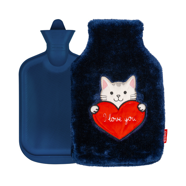 Borsa dell'acqua calda SOXO gattino con cuore, blu navy, 1,8 L