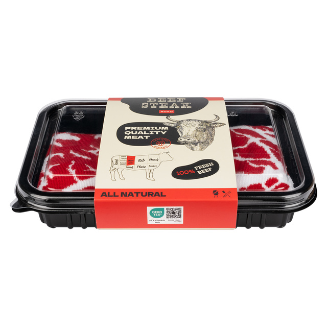 Set di calzini a forma di bistecca e calzini a forma di hamburger in una scatola