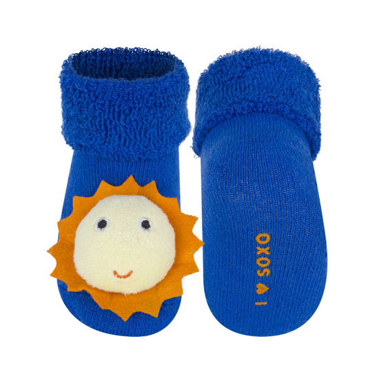 SOXO calzini per bebè blu con sonaglio 3D sole