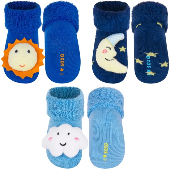 Set di 3 calzini SOXO blu per bambini con sonaglio 3D coccinella