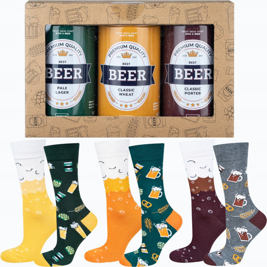 Set di 3 calzini da uomo colorati SOXO GOOD STUFF birra divertente in una lattina per un regalo