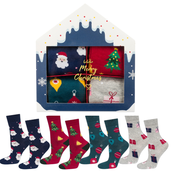 Set di 4 calzini da donna Soxo | Casetta di Natale | Regalo per Lei | Natale | calzini allegri colorati