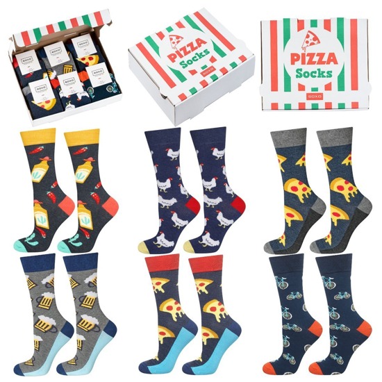 Set di 6 calzini colorati da uomo SOXO GOOD STUFF in scatola per pizza