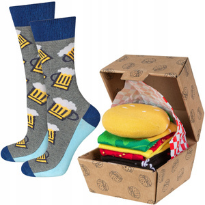 Set di 2x calzini da uomo colorati SOXO Hamburger in una scatola e birra